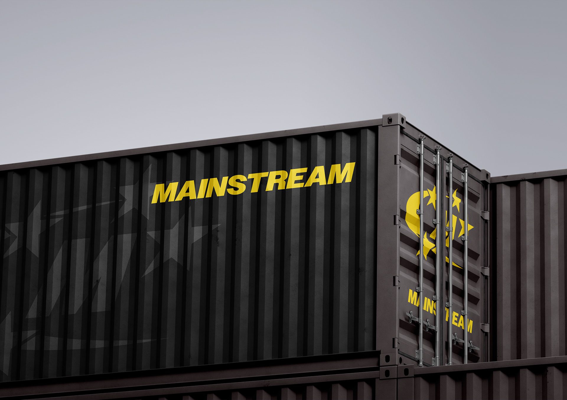 A set of black Mainstream containers stacked on top of each other